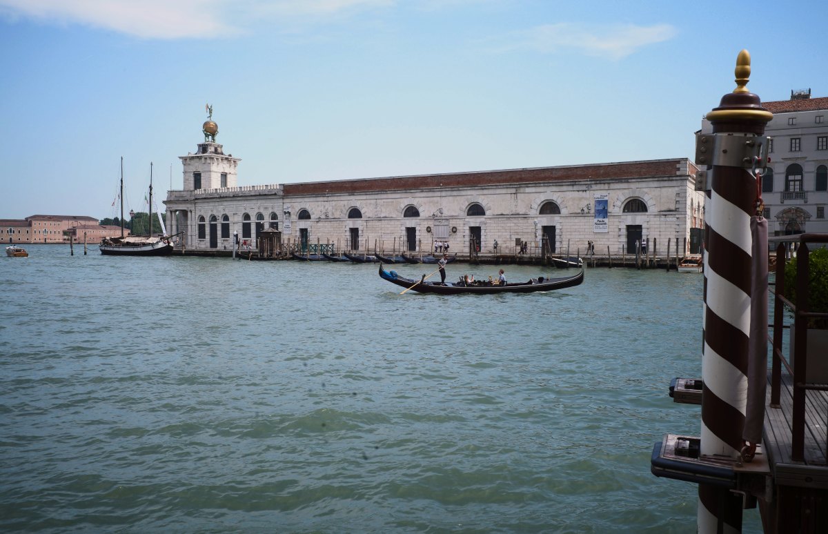 Venice lagoon skyline with gondola moorings